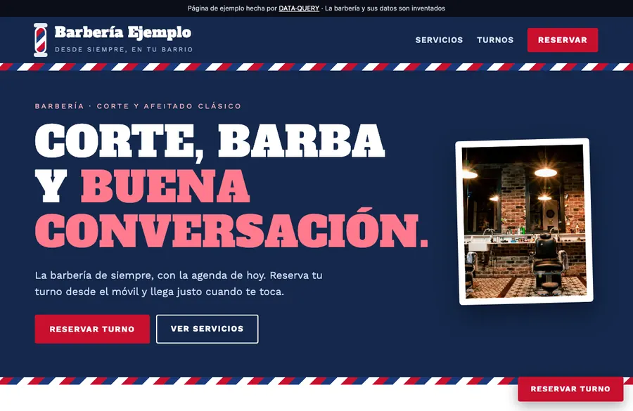 Captura de la web de demostración de una barbería