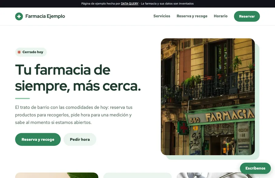 Captura de la web de demostración de una farmacia de barrio