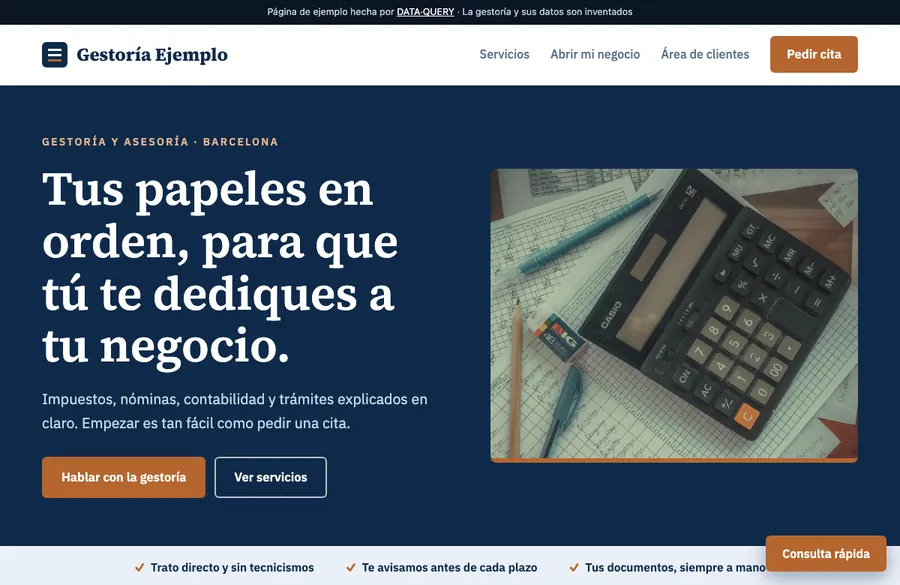 Captura de la web de demostración de una gestoría