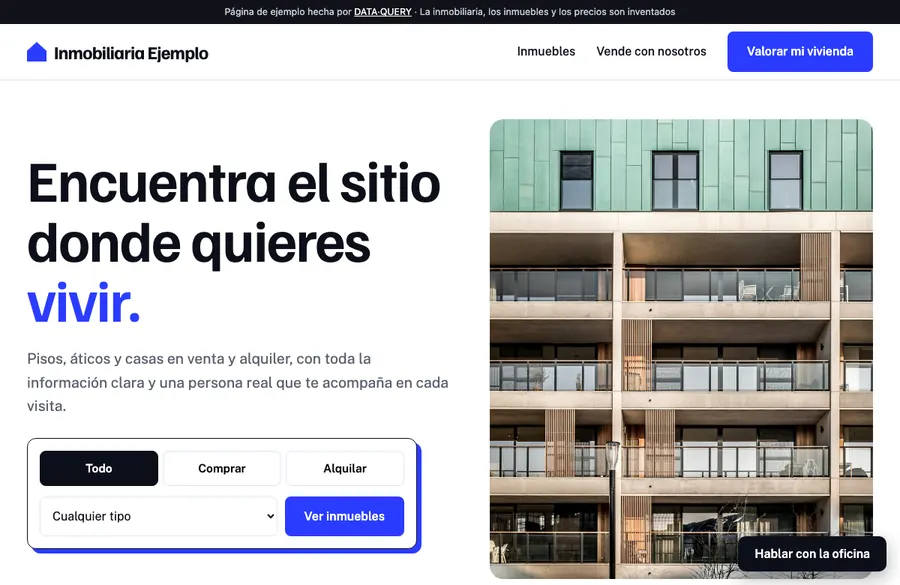 Captura de la web de demostración de una inmobiliaria