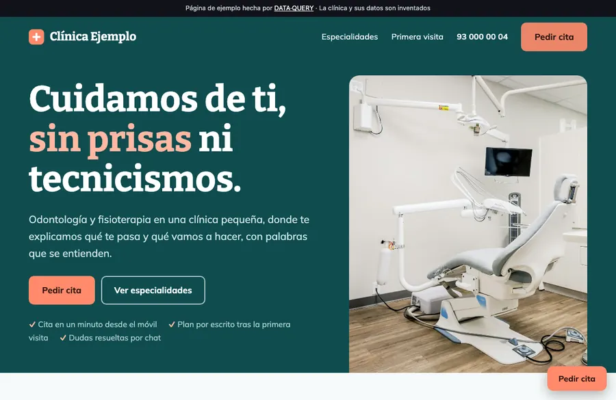 Captura de la web de demostración de una clínica dental y de fisioterapia